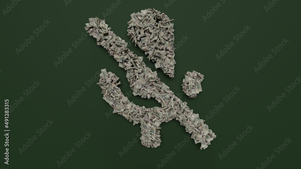 3d rendering of dollar cash rolls and stacks in shape of symbol of interface on green background 3d rendering of dollar cash rolls and stacks in shape of symbol of interface on green background