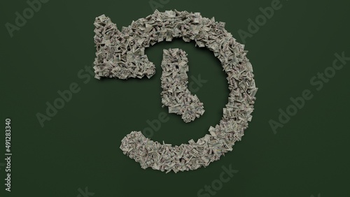 3d rendering of dollar cash rolls and stacks in shape of symbol of history on green background