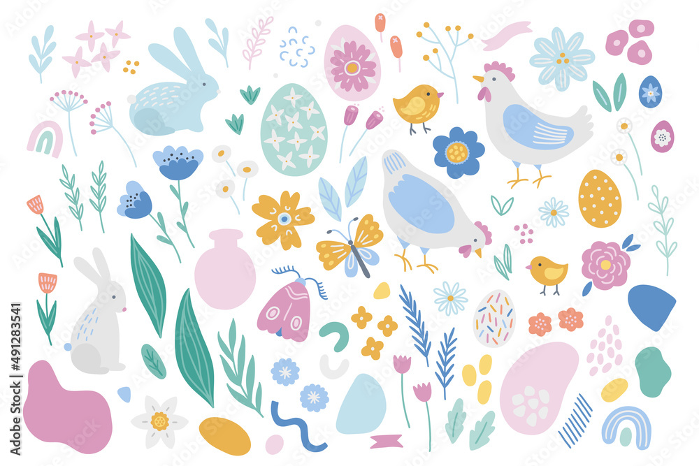 Easter design elements - rabbit, hen, chicken, butterfly, egg, leaves, moth Easter design elements - rabbit, hen, chicken, butterfly, egg, leaves, moth