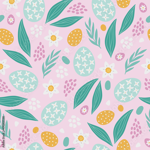 Easter seamless pattern with eggs, leaves, flowers, daffodil. Vector illustration