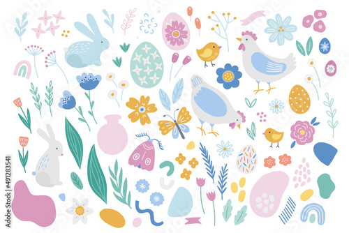 Easter design elements - rabbit, hen, chicken, butterfly, egg, leaves, moth