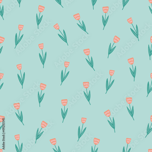 Floral seamless pattern with tulips on green background. Vector illustration
