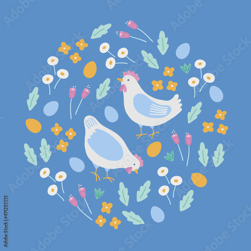 Easter greeting card with hens, flowers, leaves, eggs. Circle ornament