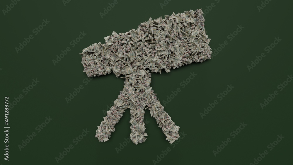 3d rendering of dollar cash rolls and stacks in shape of symbol of telescope on green background 3d rendering of dollar cash rolls and stacks in shape of symbol of telescope on green background