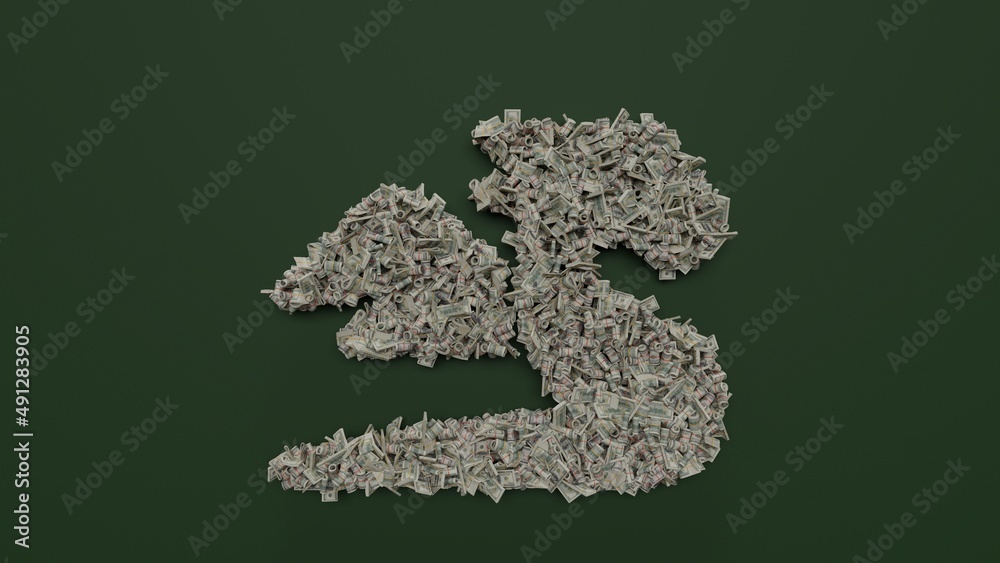 3d rendering of dollar cash rolls and stacks in shape of symbol of dragon on green background 3d rendering of dollar cash rolls and stacks in shape of symbol of dragon on green background