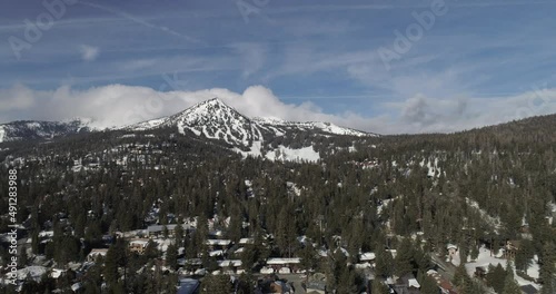 Aerial drone over mountain ski resort