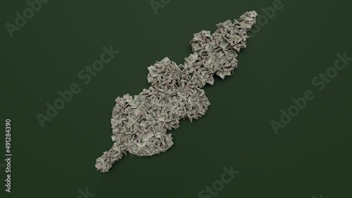 3d rendering of dollar cash rolls and stacks in shape of symbol of skewer on green background
