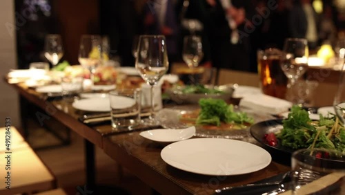 festive table with appetizers and salads on the table in the restaurant