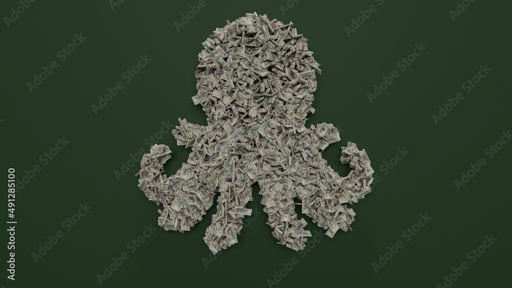 3d rendering of dollar cash rolls and stacks in shape of symbol of octopus on green background 3d rendering of dollar cash rolls and stacks in shape of symbol of octopus on green background