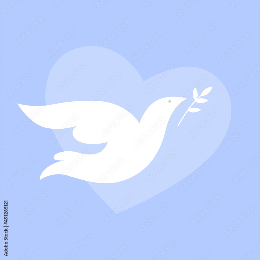 White dove with a branch on the background of a heart on a blue background. No war concept White dove with a branch on the background of a heart on a blue background. No war concept