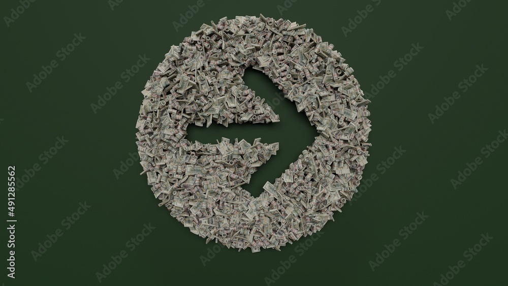 3d rendering of dollar cash rolls and stacks in shape of symbol of right arrow in circle on green background 3d rendering of dollar cash rolls and stacks in shape of symbol of right arrow in circle on green background