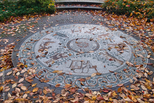 Roman style mosaic in the Roman Gardens,Chester, UK.