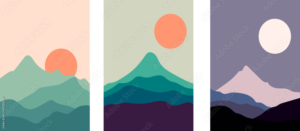 Collection of minimalistic artistic abstractions in the form of mountain landscapes with the sun: morning, day and night