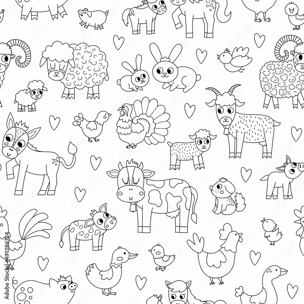 Obraz premium Vector black and white seamless pattern with farm animals and birds. Outline repeat background with cow, horse, sheep, duck and kids. Cute mother and baby digital paper. Family love coloring page.