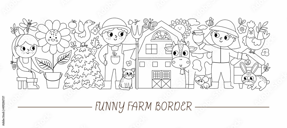 Vector black and white horizontal border with cute farmers and animals. Rural outline country card template design with farm characters. Border or coloring page with cow, barn, hen.