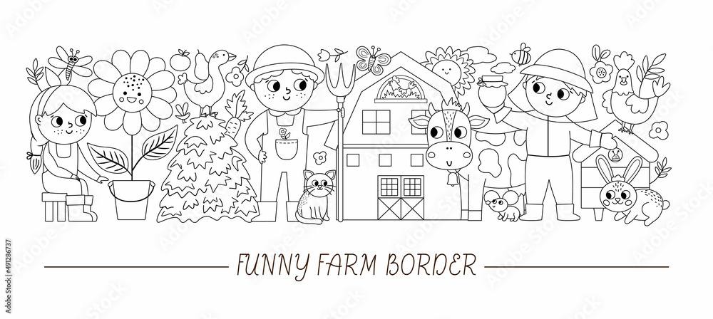 Vector black and white horizontal border with cute farmers and animals