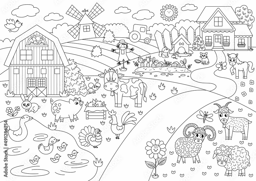 Vector black and white farm landscape illustration. Outline rural village scene with animals, barn. Cute nature background with pond, meadow, garden. Country field picture or coloring page .