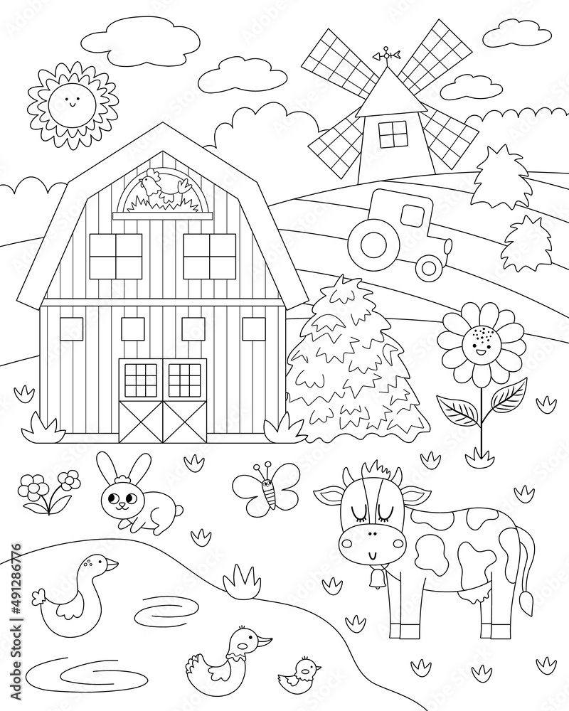 Vector black and white farm landscape illustration. Rural outline village scene with animals, barn, tractor. Nature background with pond, meadow, cow. Country field card or coloring page.