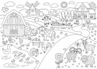 Keuken achterwand Boerderij Vector black and white farm landscape illustration. Outline rural village scene with animals, barn. Cute nature background with pond, meadow, garden. Country field picture or coloring page .  © Lexi Claus