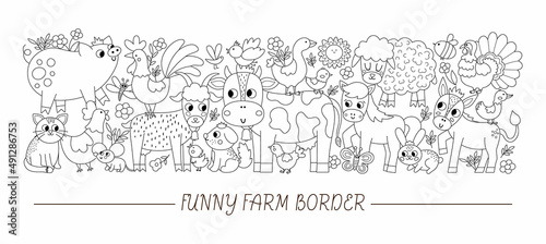 Vector black and white horizontal border set with cute farm animals, birds, insects. Rural outline card template design with country characters. Coloring page or border with cow, hen, pig, horse.