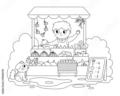 Vector black and white farmer selling fruit and vegetables in a street stall icon. Cute outline farm market scene. Rural country vendor. Funny farm cartoon salesman illustration or coloring page.