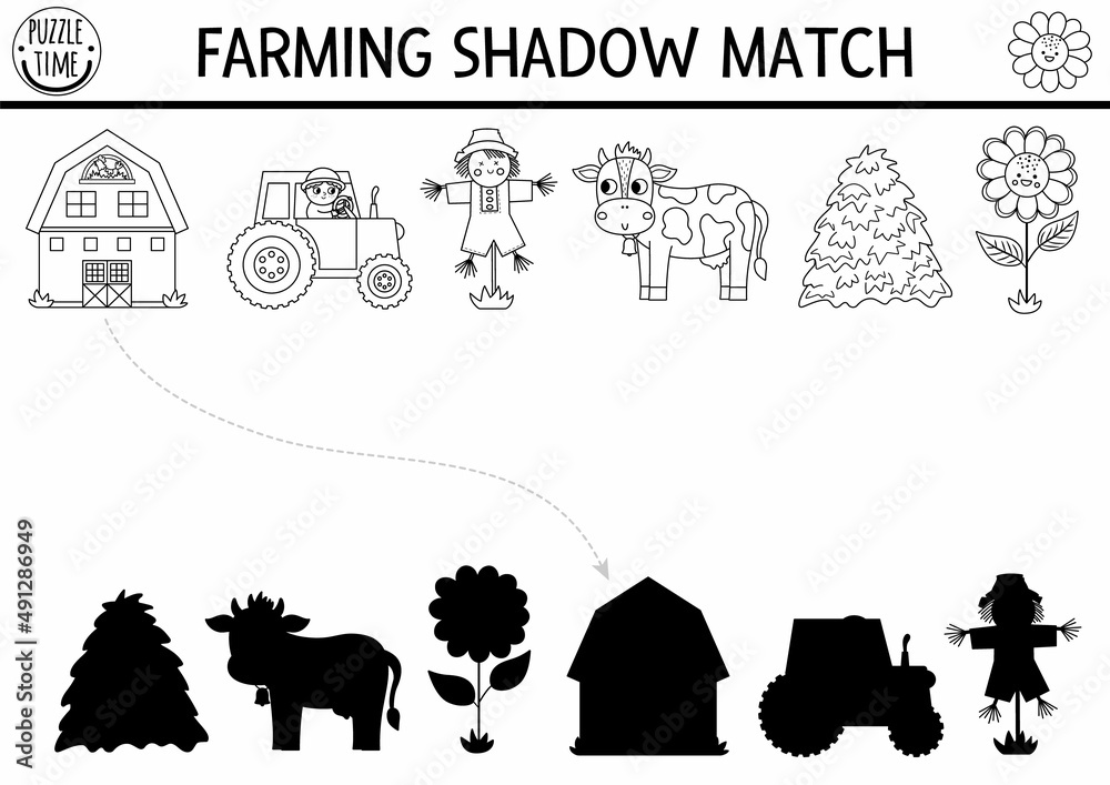 Black and white farm shadow matching activity with traditional country symbols. Rural village line puzzle with cow, barn, farmer. Find correct silhouette printable coloring game. On the farm page