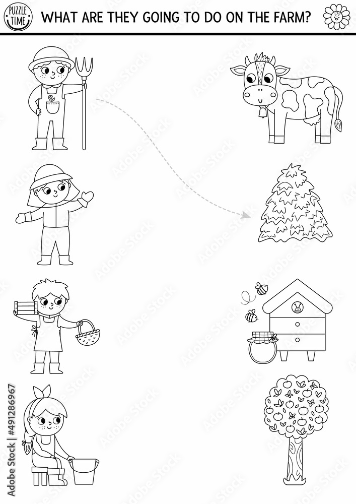 Black and white farm matching activity with cute farmers, chores. Country puzzle with cow, hay, beekeeper. Match the objects coloring game. On the farm match up