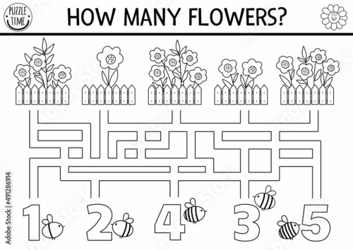 Black and white farm or garden maze for kids with flowerbeds, bees, fence. Countryside line preschool printable counting activity. Labyrinth coloring game or math puzzle with cute flowers.