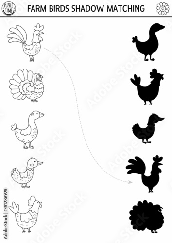 Black and white farm shadow matching activity with birds. Country village line puzzle with cute hen  rooster  goose  turkey. Find correct silhouette printable coloring game. On the farm page for kids.