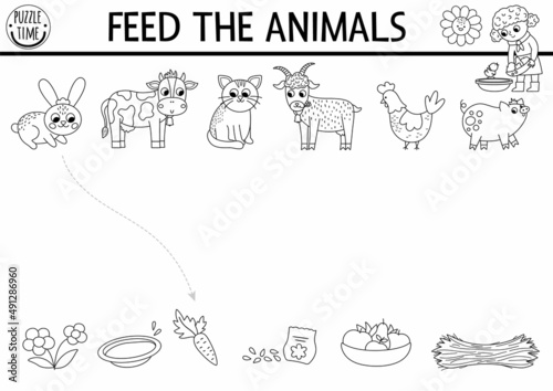 Black and white farm matching activity with animals, food. Country puzzle with rabbit, cow, hen, goat, pig. Match the objects game. Feed the animals printable coloring page. On the farm match up.