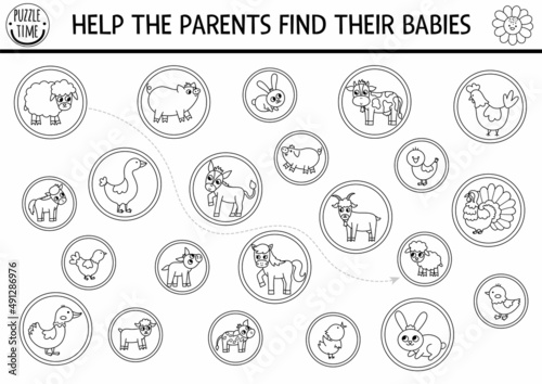 Black and white farm matching activity with animals and babies. Country line puzzle with rabbit, cow, hen, goat. Mothers day game. Mother and kid coloring page. On the farm match up printable.