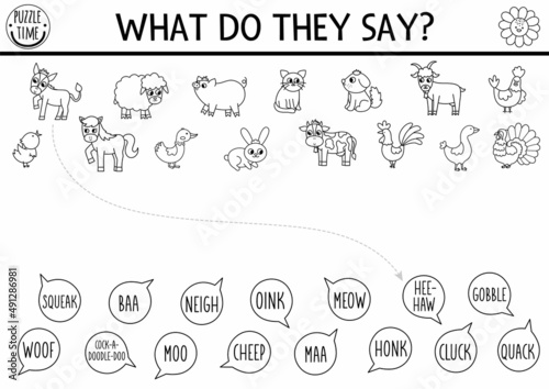 Black and white farm matching activity with cute animals and animal sounds. Country line puzzle with rabbit, cow, cat, hen, pig. What do they say printable coloring worksheet. On the farm match up.