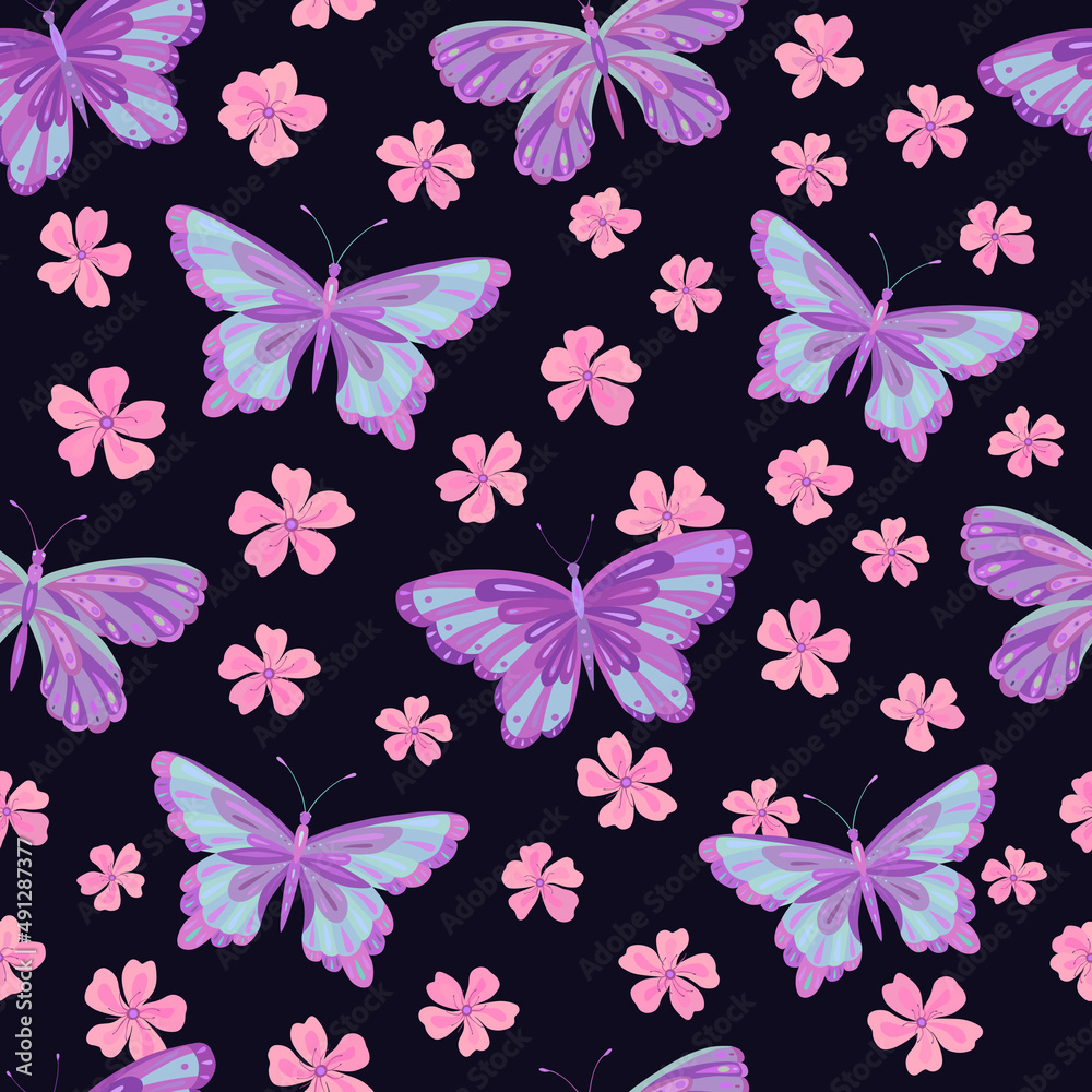 Fototapeta premium Seamless vector pattern with butterfly and sakura flowers. Decoration print for wrapping, wallpaper, fabric, textile. Spring background.