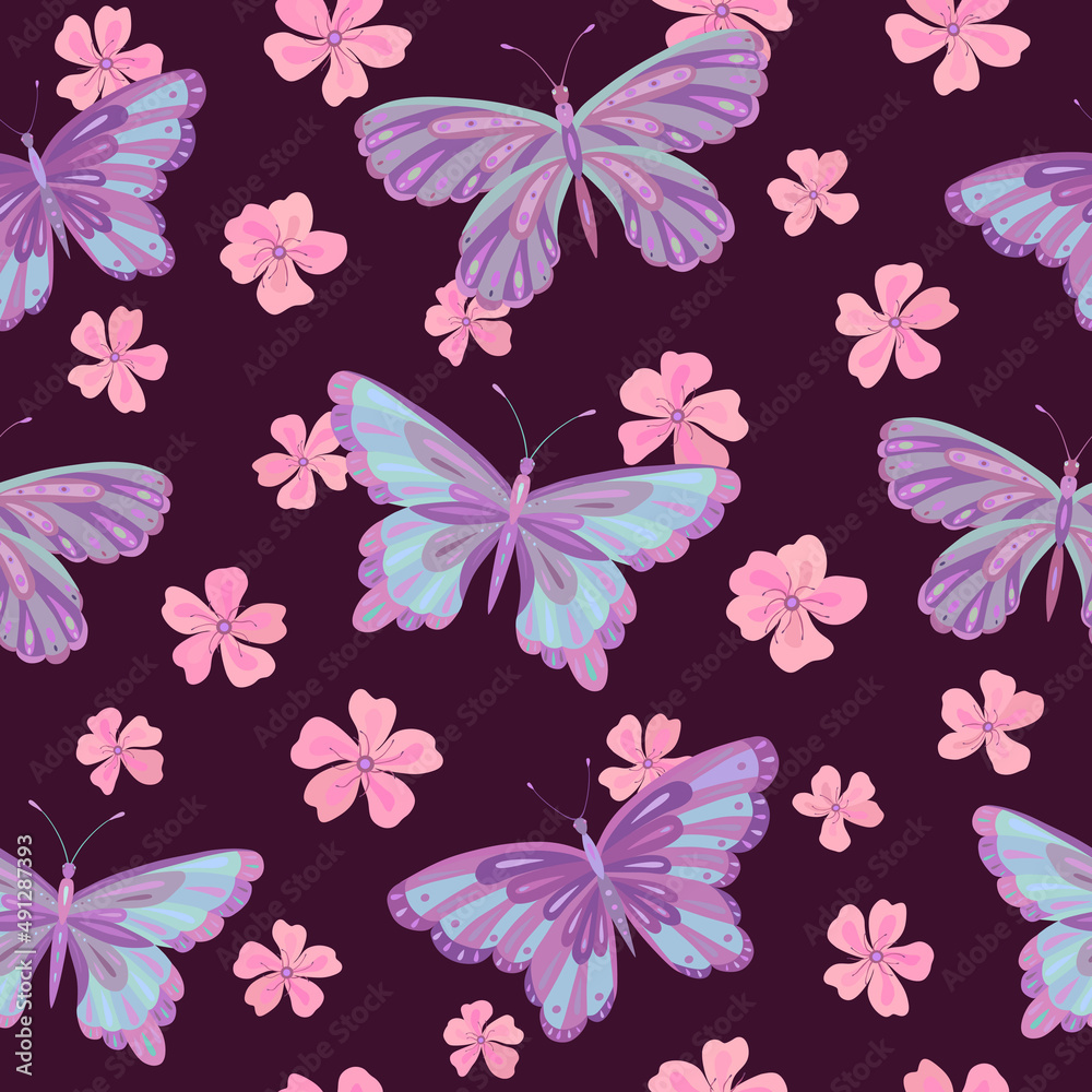 Fototapeta premium Seamless vector pattern with butterfly and sakura flowers. Decoration print for wrapping, wallpaper, fabric, textile. Spring background.