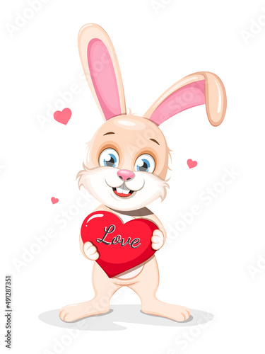 Cute cartoon bunny holding a heart with the inscription "Love"