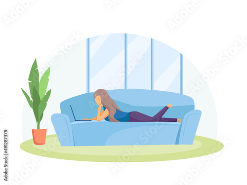 The woman is licking on the couch. Distance learning, freelance, online. Home office concept. Vector cartoon illustration