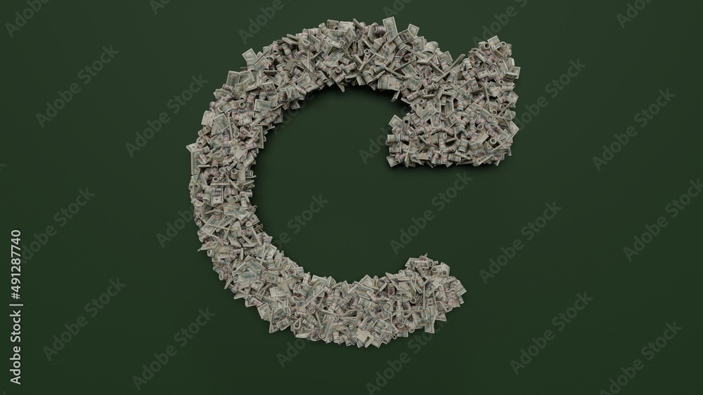 3d rendering of dollar cash rolls and stacks in shape of symbol of redo on green background 3d rendering of dollar cash rolls and stacks in shape of symbol of redo on green background
