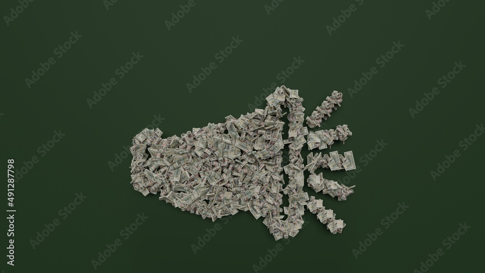 3d rendering of dollar cash rolls and stacks in shape of symbol of megaphone on green background 3d rendering of dollar cash rolls and stacks in shape of symbol of megaphone on green background