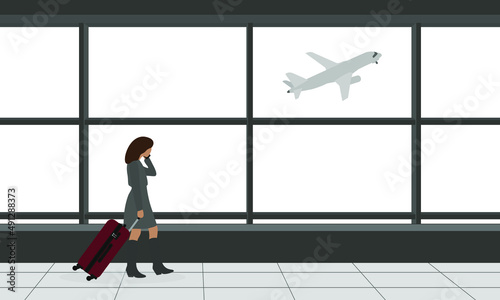 Female character with a suitcase on wheels walking at the airport and talking on the phone
