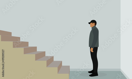 Male character stands near stairs indoors