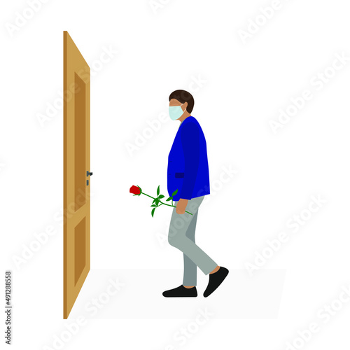 A male character in a medical mask and with a red rose in his hand stands in front of a closed door