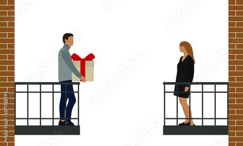 A male character with a gift box in his hands and a female character stand on opposite balconies on a white background