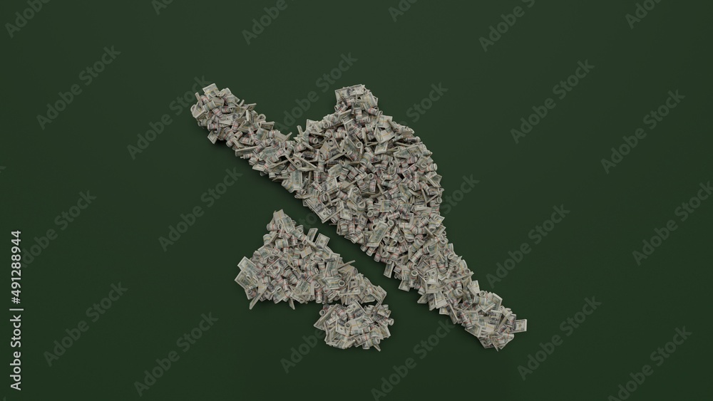3d rendering of dollar cash rolls and stacks in shape of symbol of bell slash on green background 3d rendering of dollar cash rolls and stacks in shape of symbol of bell slash on green background