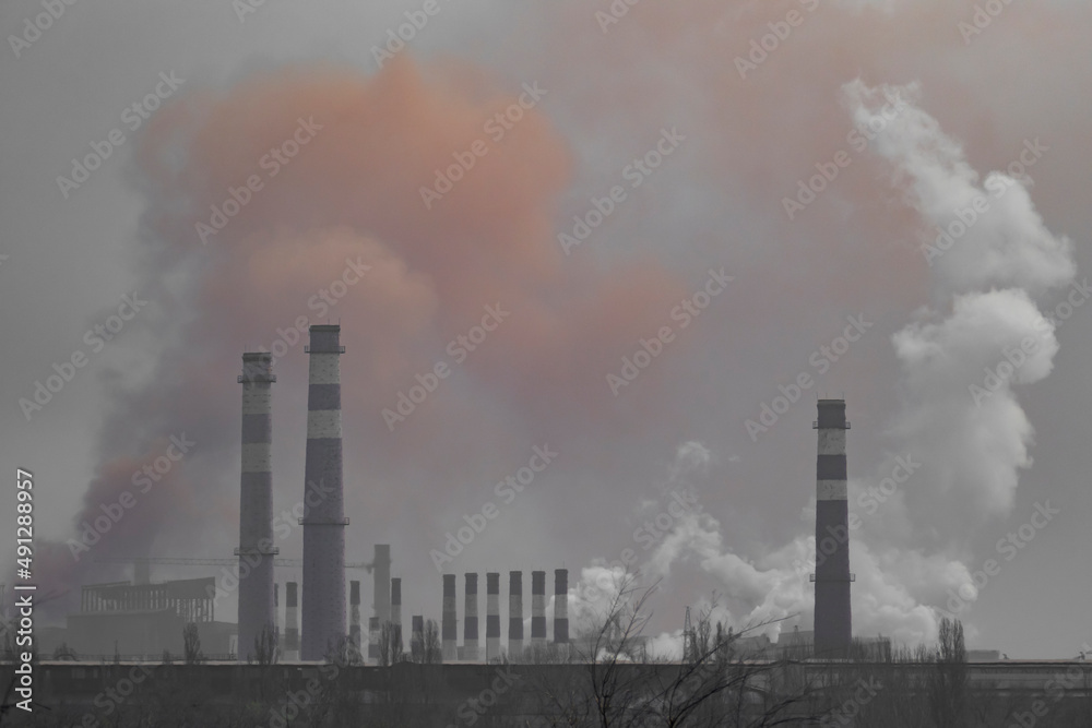 Heavy industry background. Chimneys. Global warming background. Air pollution concept.