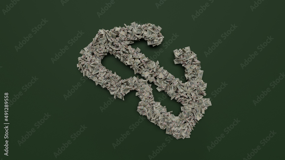 3d rendering of dollar cash rolls and stacks in shape of symbol of cinema 3d glasses on green background 3d rendering of dollar cash rolls and stacks in shape of symbol of cinema 3d glasses on green background