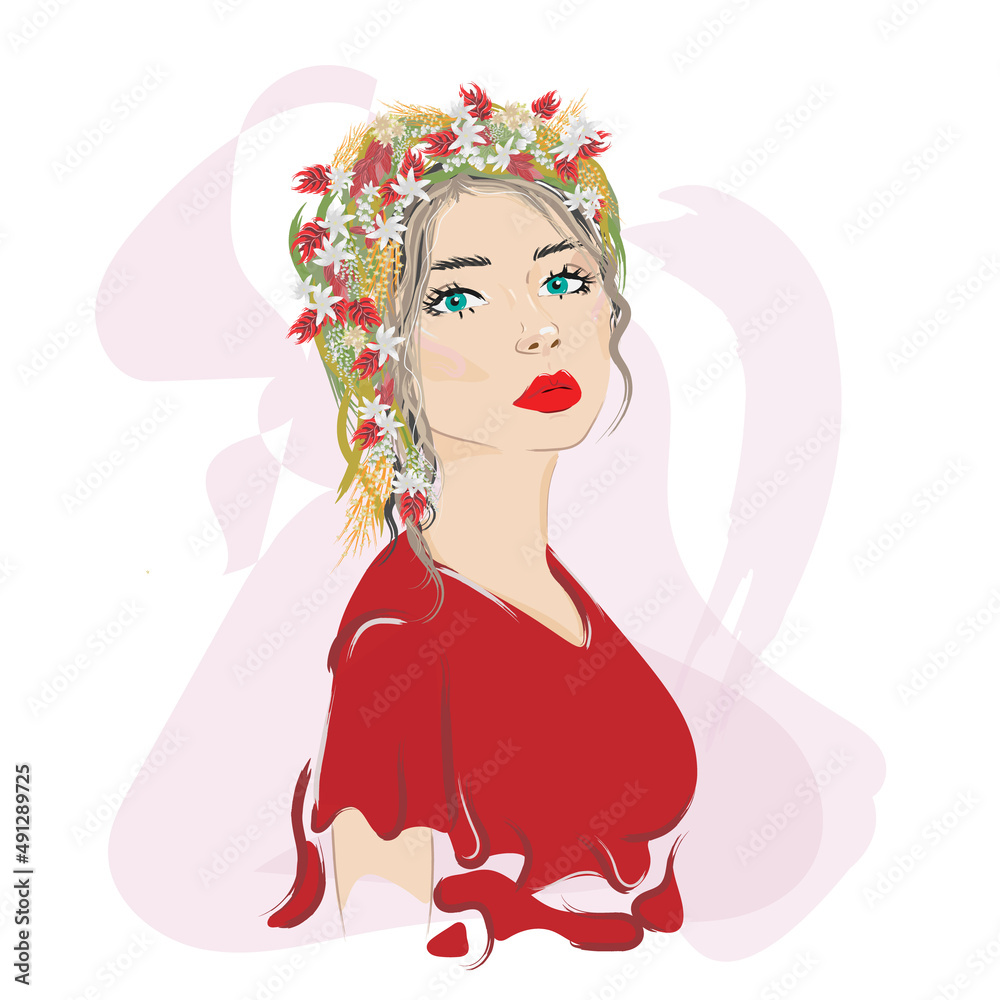 Beautiful girl in a bright red dress with a wreath on her head. Vector illustration