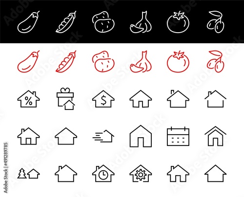 Simple set of line vector home icons. Contains house symbols at interest, infuse house and more. Editable stroke. 480x480 pixels perfect