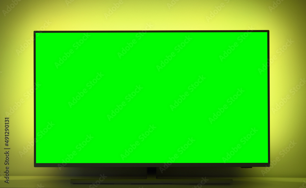 Close up of big green screen led TV in a cozy living room. Close up of big green screen led TV in a cozy living room.