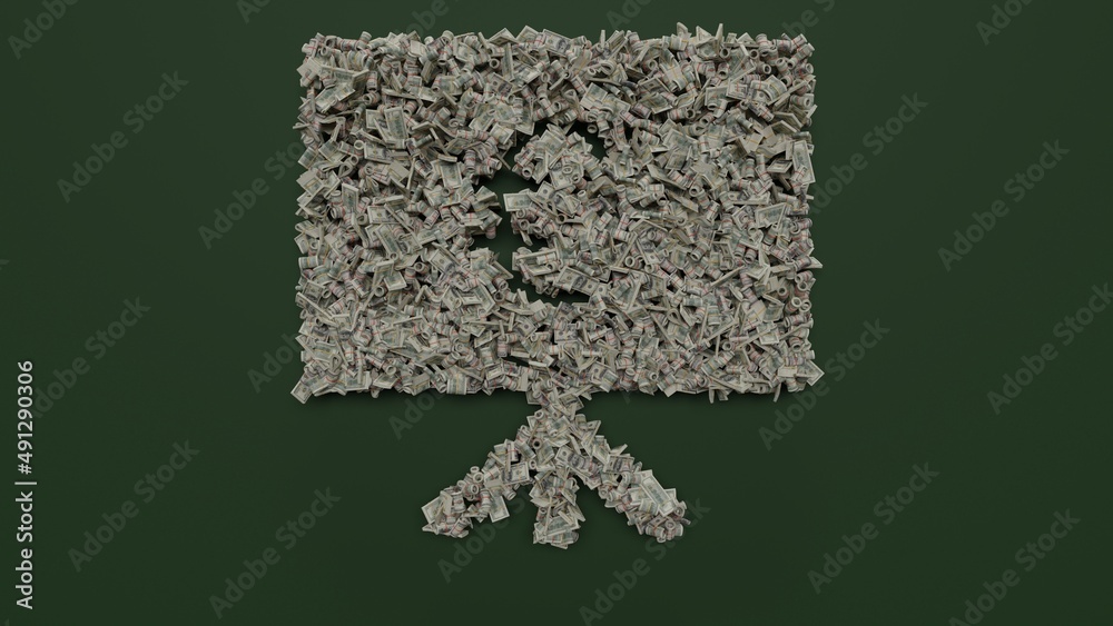 3d rendering of dollar cash rolls and stacks in shape of symbol of presentation on green background 3d rendering of dollar cash rolls and stacks in shape of symbol of presentation on green background