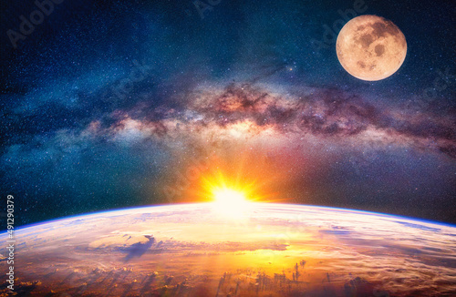 Landscape with Milky way galaxy. The Full moon ,sunrise and Earth view from space with Milky way galaxy. (Elements of this image furnished by NASA)